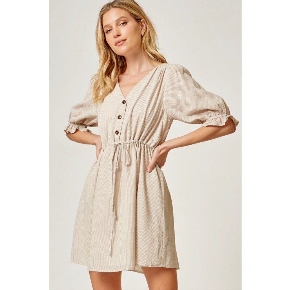 Andree By Unit Casual Dress w/ Button Down Pinstripe Boho Basic D10025-NATURAL - Picture 2 of 5